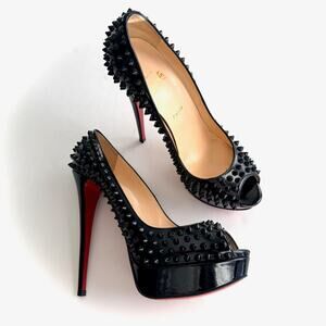 Christian Louboutin Lady Peep Spikes 40.5 140mm Black Patent Platform Heels Pump
